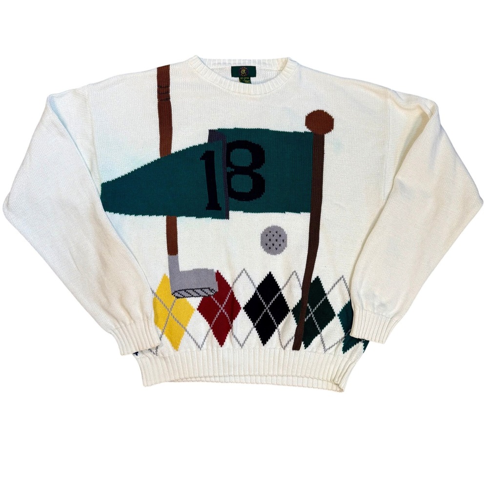 Grandpacore Preppy Vintage Golf Argyle Cotton Knit Sweater White 18th Hole 90s L